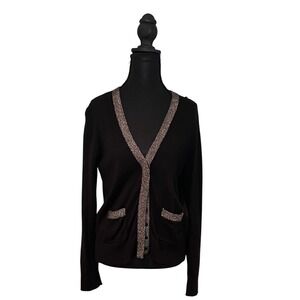 Liz Claiborne Black Cardigan Sweater Metallic Trim Pockets Button Front Womens L